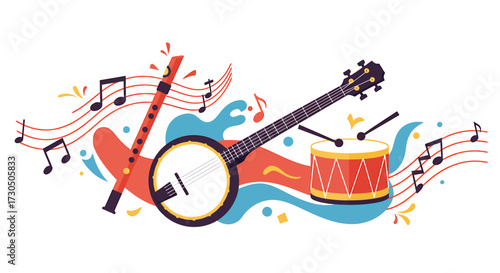 This energetic flat design illustration captures the joy of folk music and celebration, featuring stylized instruments and dynamic abstract elements that evoke sound and movement.