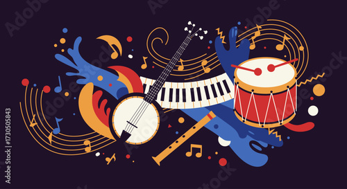 This energetic flat design illustration captures the joy of folk music and celebration, featuring stylized instruments and dynamic abstract elements that evoke sound and movement.