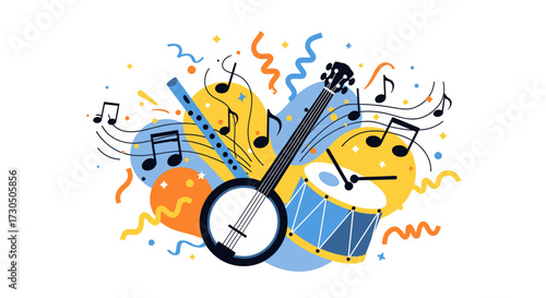 This energetic flat design illustration captures the joy of folk music and celebration, featuring stylized instruments and dynamic abstract elements that evoke sound and movement.
