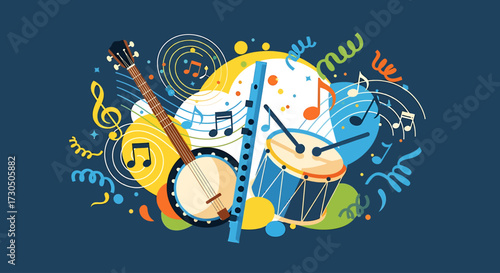 This energetic flat design illustration captures the joy of folk music and celebration, featuring stylized instruments and dynamic abstract elements that evoke sound and movement.