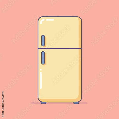 Vector illustration of a retro yellow two-door refrigerator. A classic kitchen appliance concept for food storage and preservation, isolated on a pink background