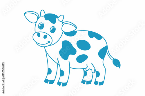 Playful line art showing a smiling white cartoon cow with blue spots stands cheerfully