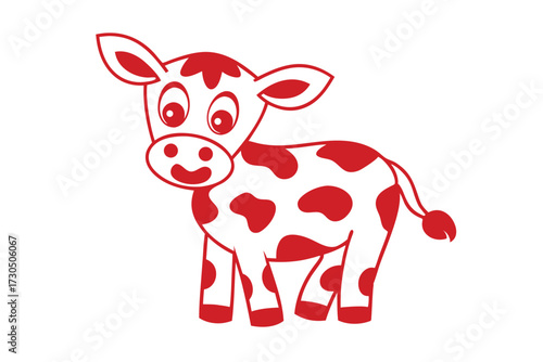 Playful cartoon cow with red spots smiles cheerfully on a white background