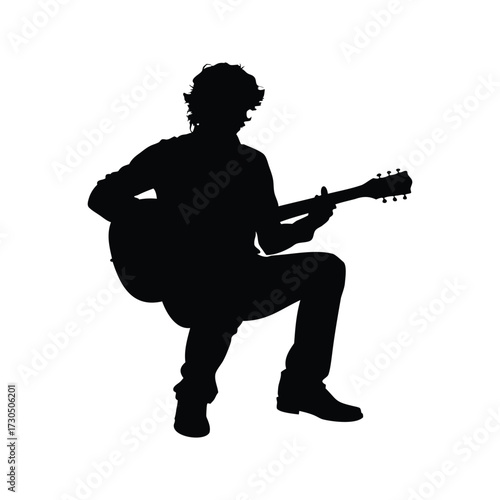 Silhouette of a seated guitarist playing an acoustic guitar with focused concentration, guitarist sitting with guitar silhouette vector illustration