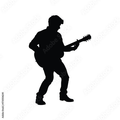 Silhouette of a musician passionately playing acoustic guitar in rock and roll style, guitarist strumming silhouette vector illustration
