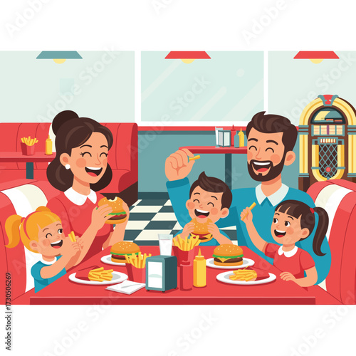 A cheerful family bonds over a delightful meal of burgers and fries in a vibrant, classic diner setting, creating happy memories and enjoying quality time together