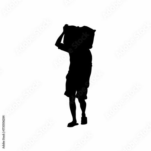 Silhouette of rice mill worker loading rice onto small van isolated on white background