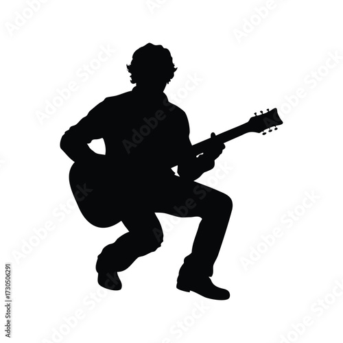 Silhouette of a Musician Playing Guitar While Crouching Down and Performing, guitarist tuning guitar silhouette vector illustration