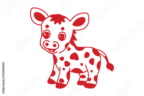 Red cartoon calf with spots on its body stands against a white background
