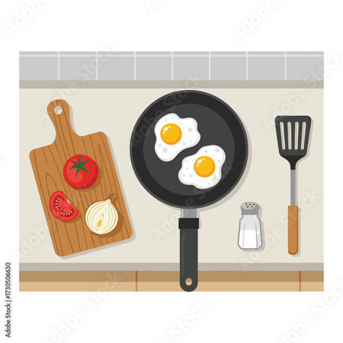Top-down view of a delicious breakfast being prepared, with fried eggs in a pan, fresh vegetables on a cutting board, and cooking utensils