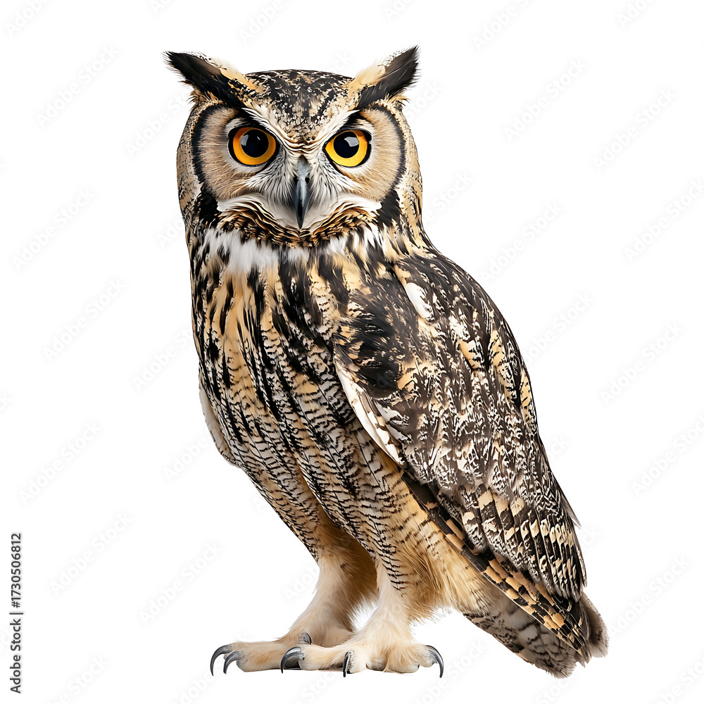 Fototapeta premium Wise Owl's Gaze: Capturing the majestic presence of a great horned owl, with its captivating amber eyes and intricate plumage.