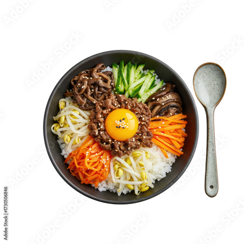 Top-down, studio-lit korean bibimbap in a dark ceramic bowl with bulgogi, kimchi, egg yolk, colorful vegetables, and rice, on transparent, no shadows, gourmet food presentation concept
