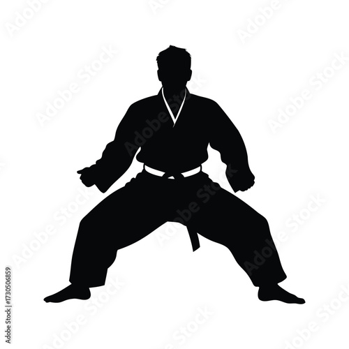 Silhouette of a Karate Practitioner in Ready Stance with a White Belt, martial artist in traditional gi silhouette vector illustration