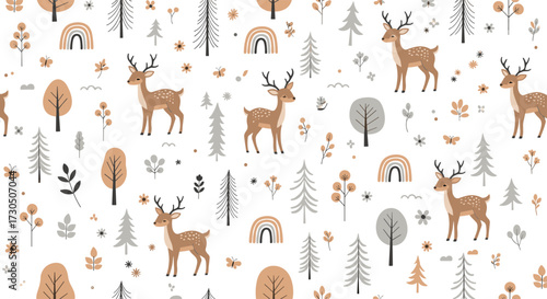 Whimsical woodland creatures and minimalist forest elements creating a charming pattern.