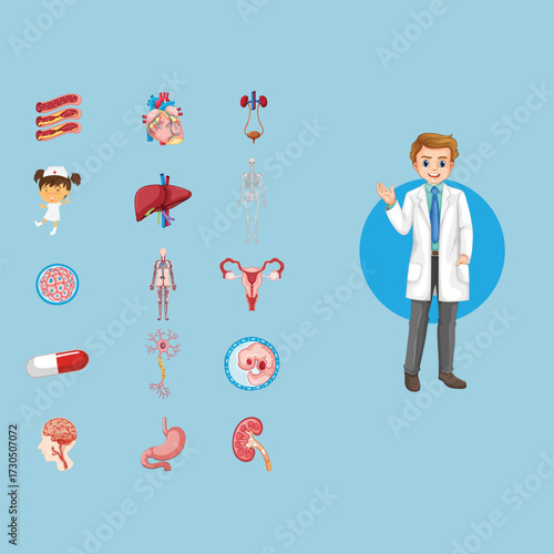 Doctor with medical instruments. Medical flat vector illustration set. Isolated background