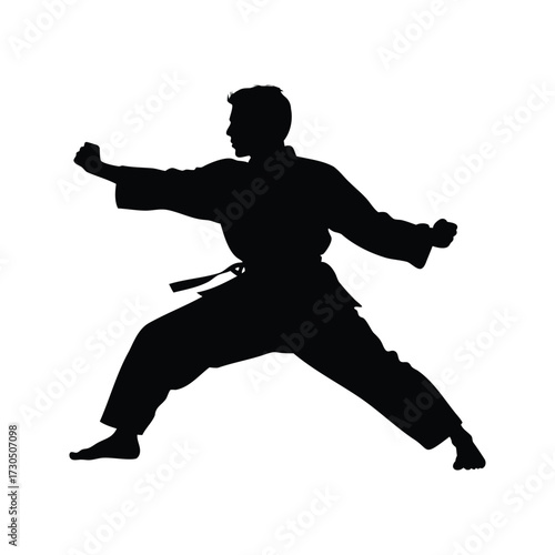 Silhouette of a karate expert in action with a black belt tied, martial artist sparring silhouette vector illustration