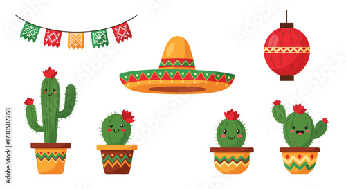 A cheerful collection of Mexican festive decorations and cacti.