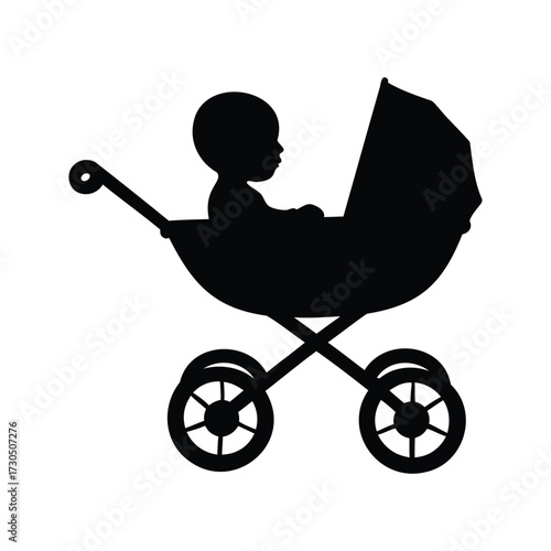 Silhouette of a baby in a stroller ready for a ride outside, newborn baby in stroller silhouette vector illustration