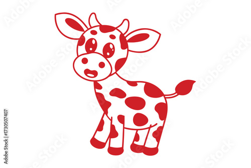 Red outlined cartoon calf stands with spots on a white background, isolated