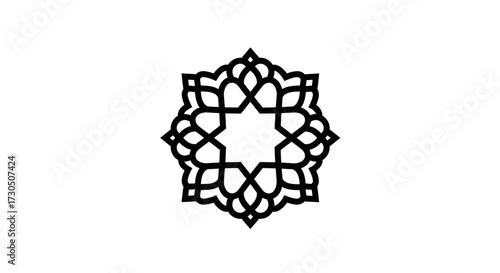 Intricate black outline of a geometric Islamic star pattern. Elegant vector graphic symbol with an ornamental circular mandala design for decoration