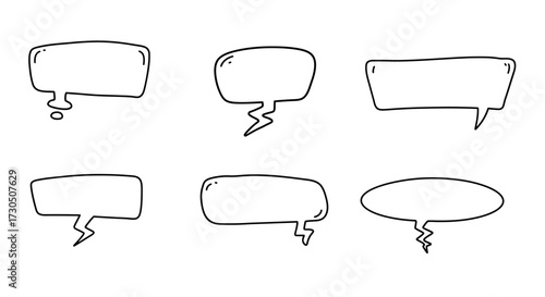 Versatile set of empty, outlined hand-drawn speech bubbles and thought balloons, ideal for expressing ideas, messages, and conversations in creative graphic designs