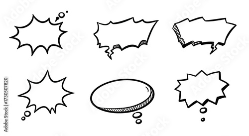 Hand-drawn sketch collection of blank dialogue boxes and thinking balloons in a retro comic book style for creative design elements