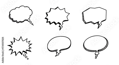 Hand-Drawn Doodle Speech and Thought Bubble Elements Set. Versatile vector graphics with a sketchy aesthetic, ideal for comics, communication, and creative designs