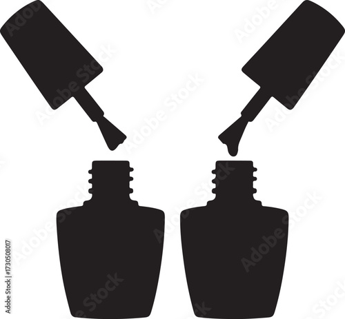 Black Silhouettes of Two Nail Polish Bottles with Brushes Dripping on a White Background vector
