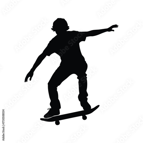 A skilled skateboarder silhouette performs a daring trick on a white background, skateboarder balancing on board silhouette vector illustration