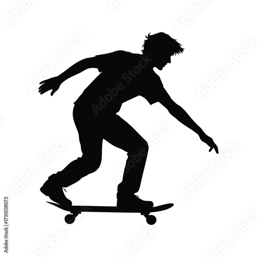 Silhouette of a skateboarder riding a skateboard with a dynamic pose on white, skateboarder cruising on street silhouette vector illustration