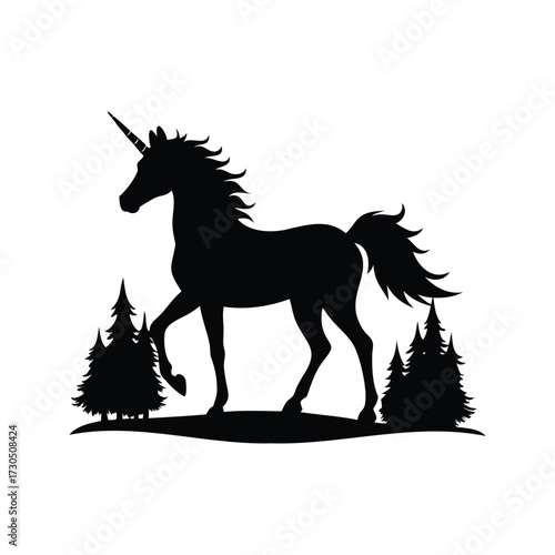 Silhouette of a majestic unicorn prancing through a forest of evergreen trees, unicorn in a magical forest silhouette vector illustration