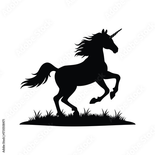 Silhouette of a majestic unicorn prancing through a field of grass in black, unicorn prancing in the meadow silhouette vector illustration