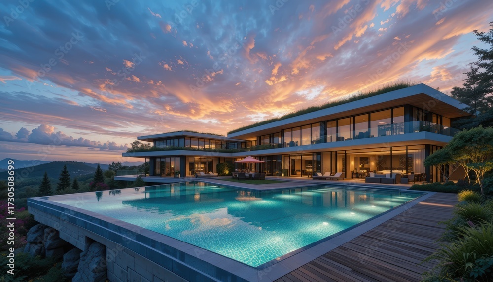 Fototapeta premium Modern Luxury Villa with Infinity Pool at Sunset