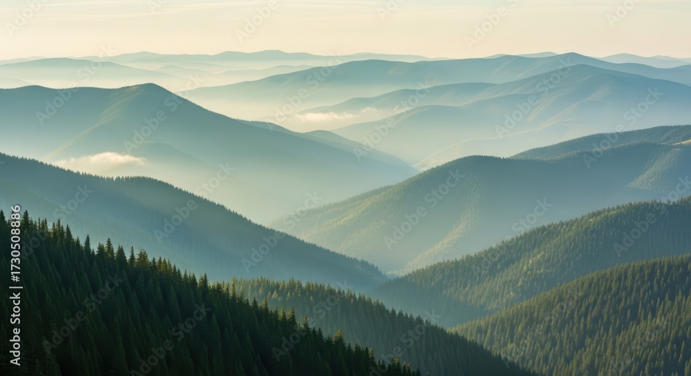 Fototapeta premium Serene Mountain Ridges Bathed in Soft Morning Light