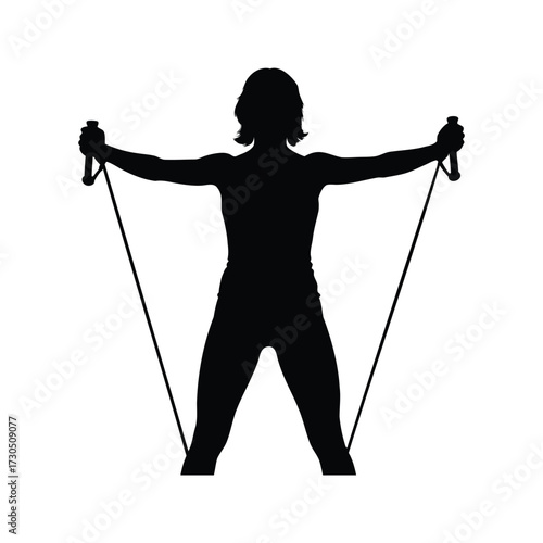 Silhouette of a woman performing resistance band exercise with arms outstretched, woman with resistance bands silhouette vector illustration