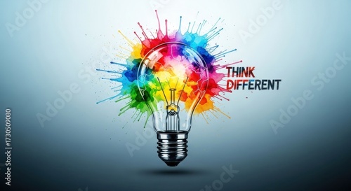 A colorful light bulb with the words 'THINK DIFFERENT' on it.