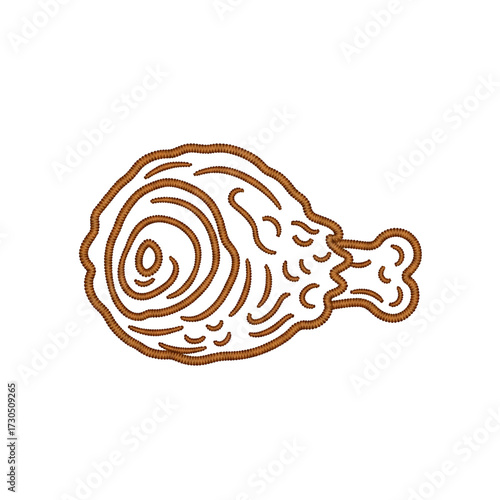 Brown embroidery outline of a meat leg, stylized ham or chicken drumstick line art, rustic stitched food illustration, simple farmhouse kitchen decor vector isolated on white background