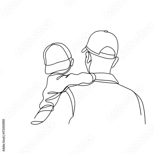 Father carrying child on shoulder in minimalist line art style  