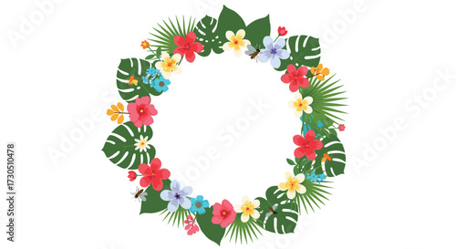 A vibrant circular arrangement of tropical flowers and leaves forms a decorative wreath.