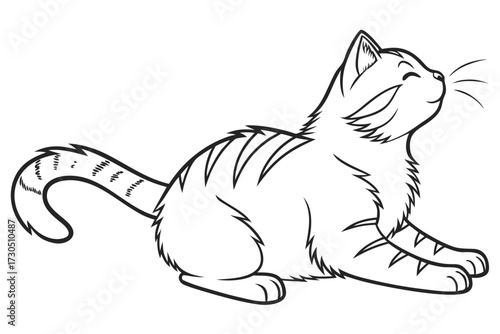 Vector illustration of a single cat peacefully lying, minimal black outline, isolated on clean white background, cute concept