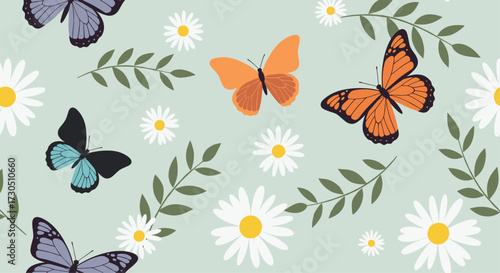A delightful pattern of butterflies and daisies dancing in the breeze.