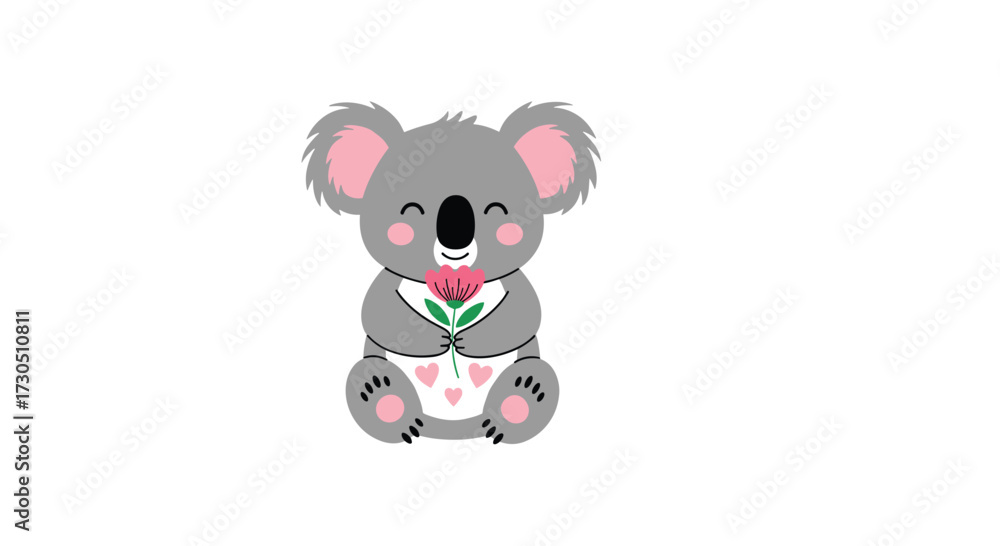 Obraz premium Cute baby koala holding a pink flower with a heart pattern on its diaper.