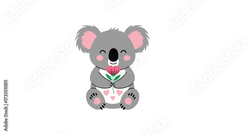 Cute baby koala holding a pink flower with a heart pattern on its diaper.