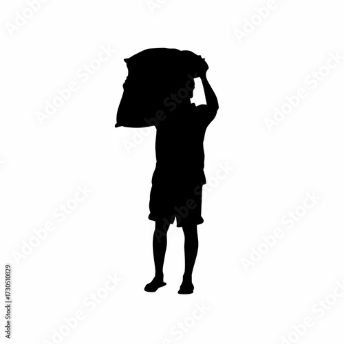 Silhouette of rice mill worker preparing shipment for export isolated on white background