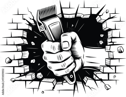 Barber Clipper Fist Illustration, Bold Black and White Power Symbol Design.