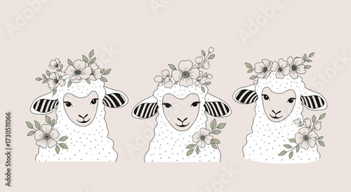 Three adorable lambs with flowers on their heads.