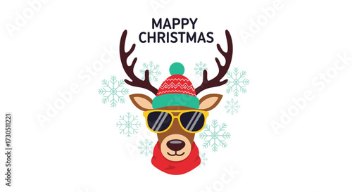A cool reindeer wearing a hat and sunglasses with a festive Christmas theme.
