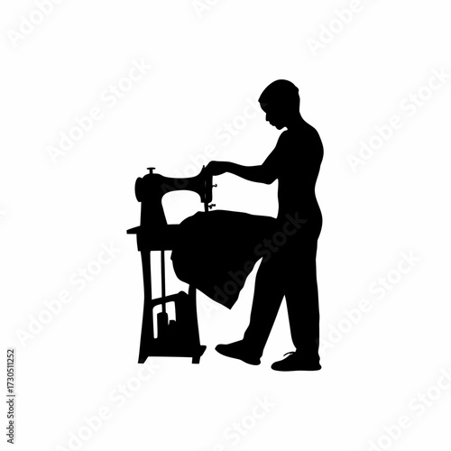 Silhouette of rice mill worker sewing rice bag tops with machine isolated on white background