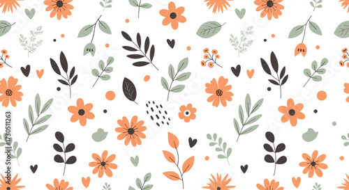 A seamless pattern of charming floral elements and leaves.