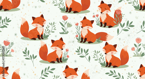 A charming pattern featuring cute foxes and delicate flowers.